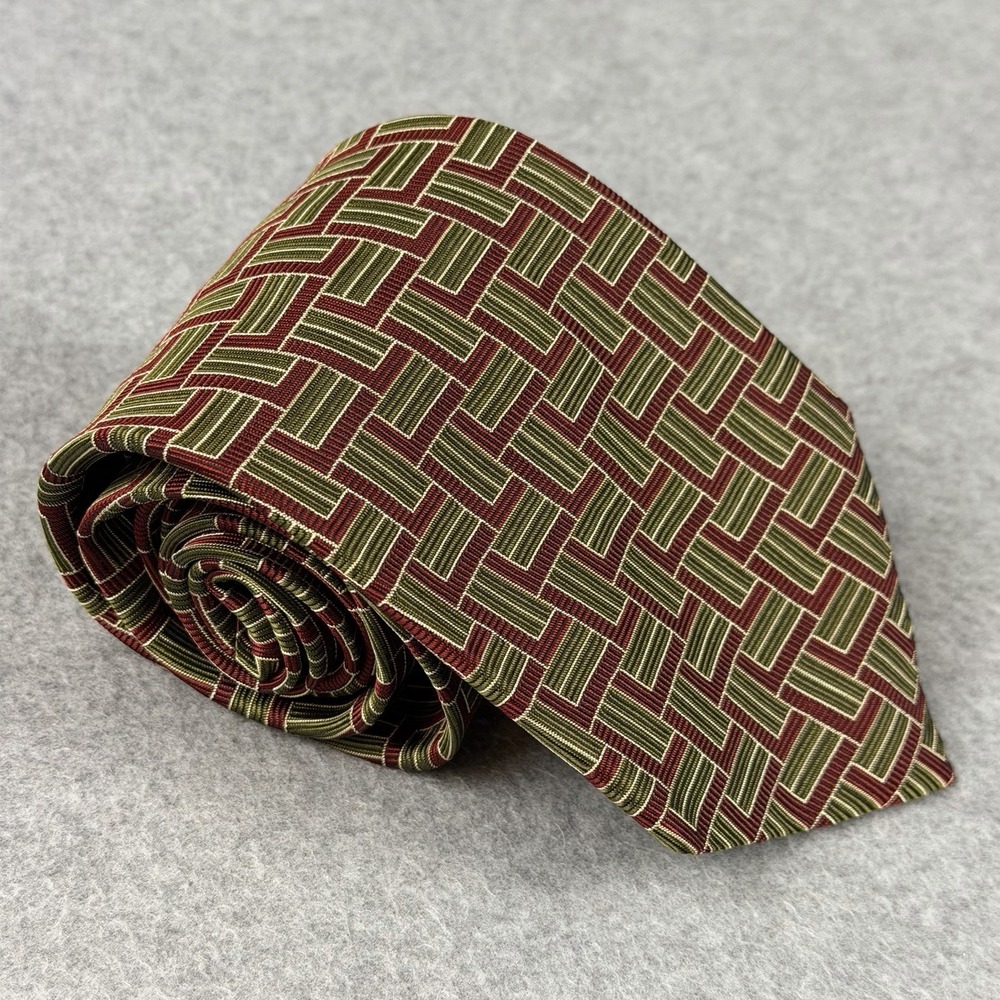 Vintage Garrick Anderson Edward Green Silk Tie Burgundy Geometric USA 56x3.9"